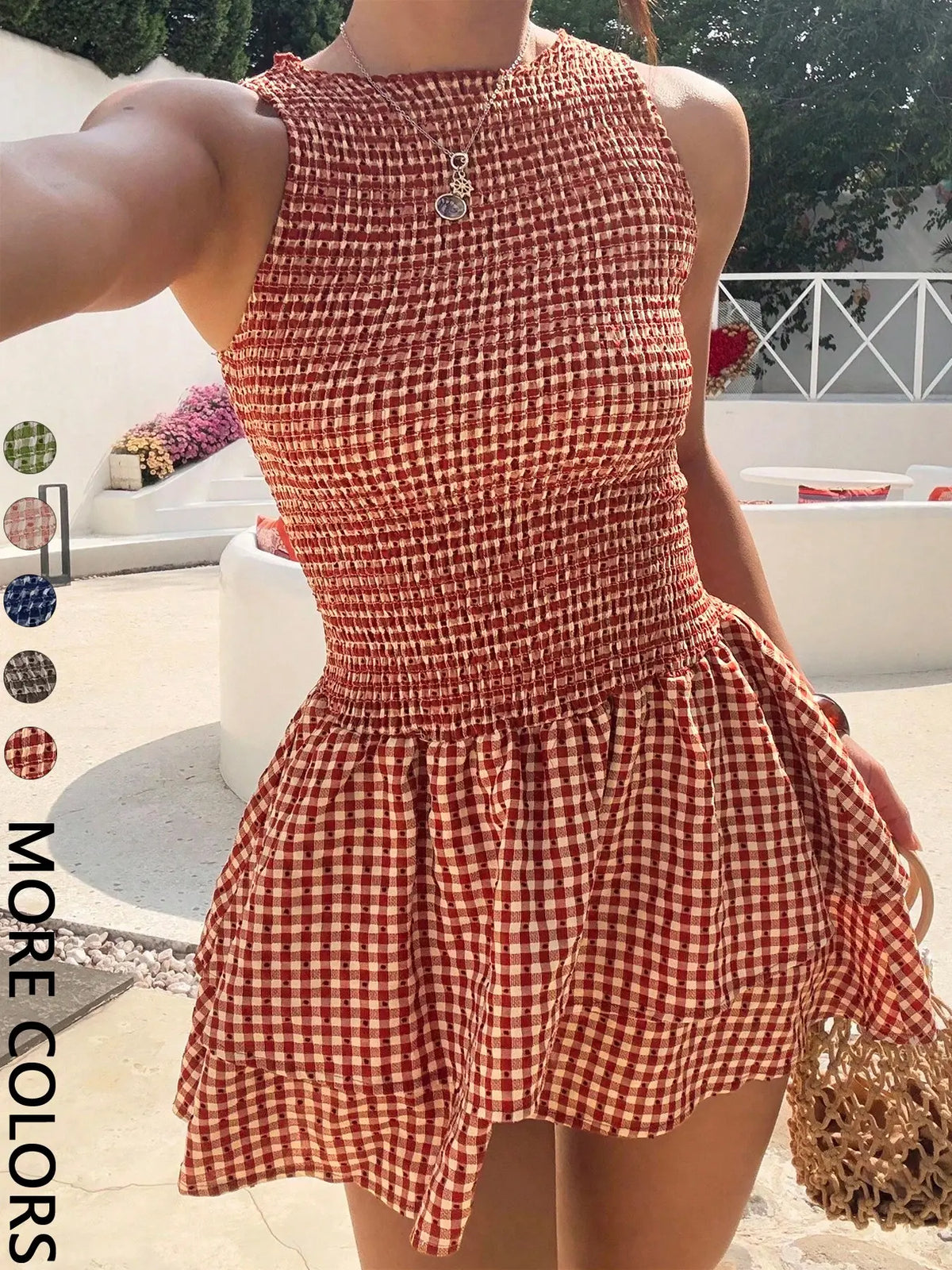 Women Sleeveless Round Neck Gingham Mini Dress Smocked Bodice Tiered Ruffle Hem A Line Short Dress Slim Fit Flowy Skirt Trendy Casual Outfit Versatile Summer Dress for Beach Vacation Daily Going Out Look