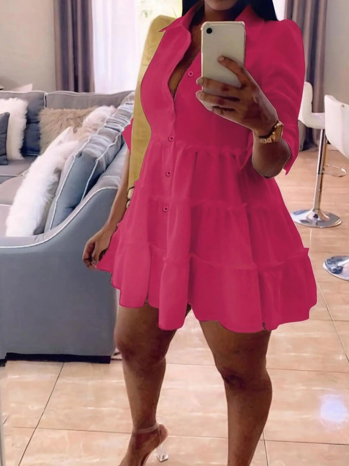 Women's Plain Collared Button-Front Shirt Dress with Frill Trim & Roll-Up Sleeves, Elegant Fashion Fitted Short Dress for Daily Outdoor Wear, Casual Summer Dress, Buttoned Dress, Chic Womenswear