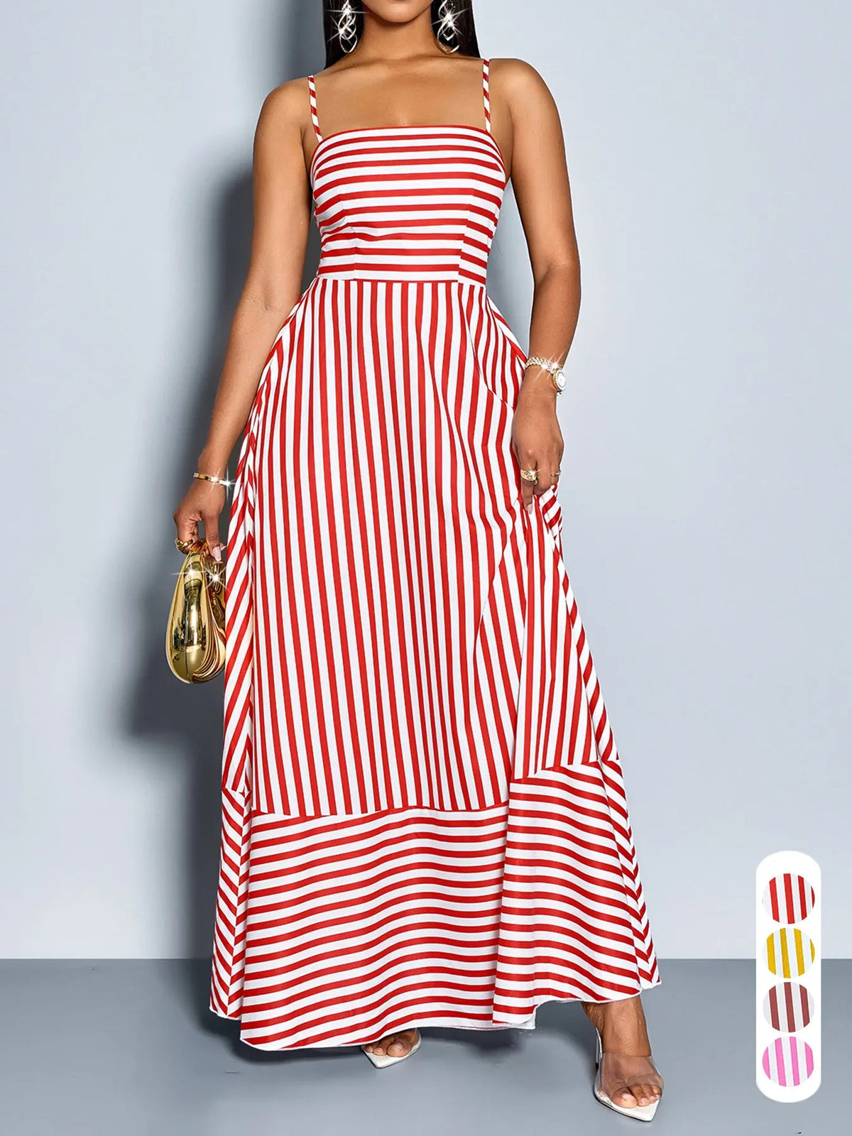 Elegant Casual Boho Chic Striped Sleeveless Dress for Women, Long Flowy Hem, for Spring & Summer, Perfect for Daily Wear, Casual Classy Womenswear