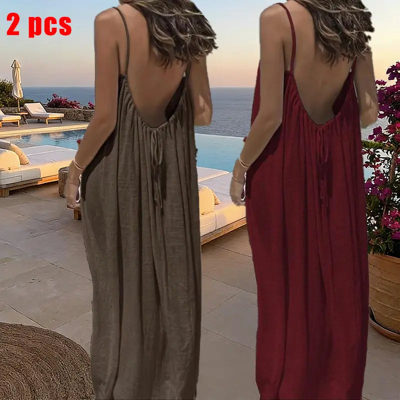 GYNLEUX Women's Basic Solid Color Backless Cami Dress - 1-3 Pcs, Comfortable Fabric Casual Women's Clothing for Summer Beach Holiday Sleeveless Dress, Backless Dress