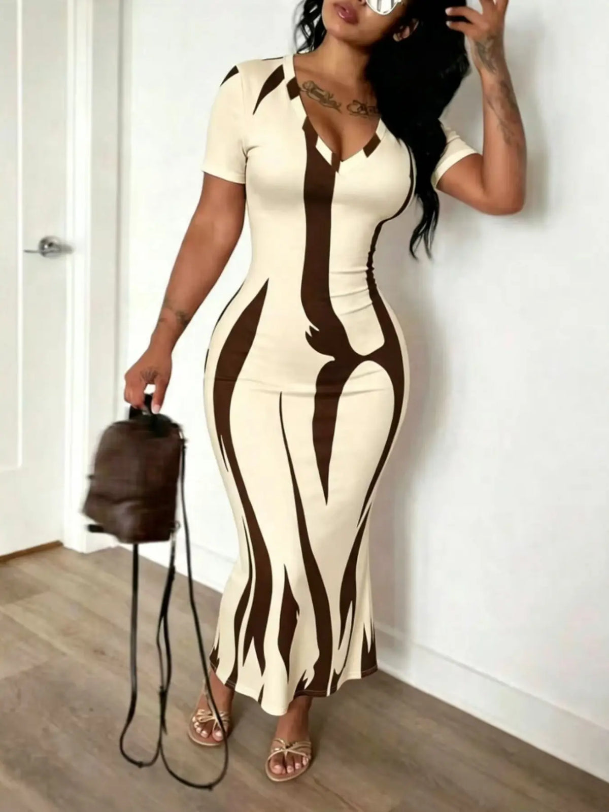 Women's Fashion Slim-Fit Printed Unlined Short-Sleeve Long Dress, Elegant All-Over Print, All-Season Wear, Summer Dresses
