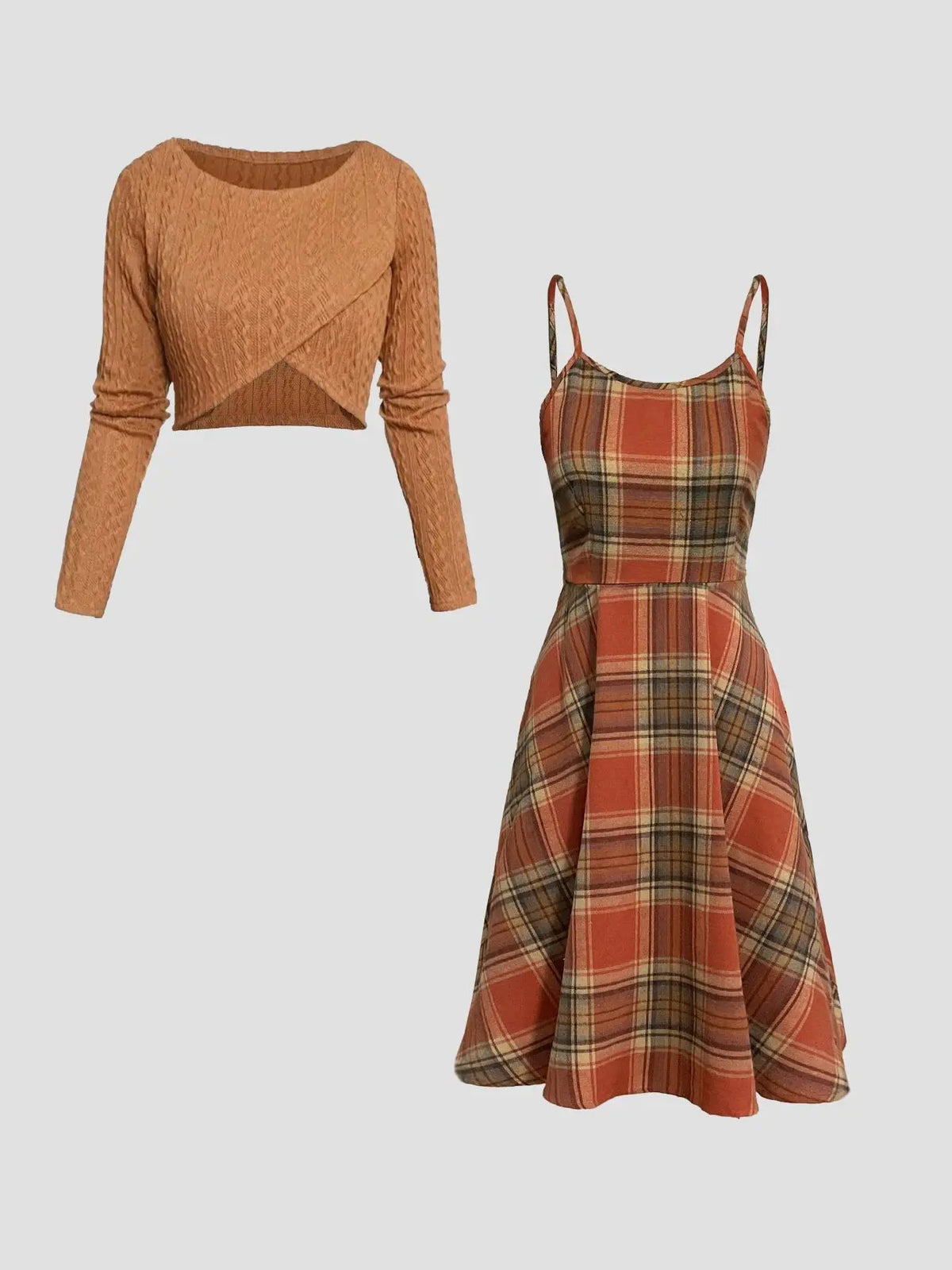 Women's Solid Wrap Hem Round Neck Textured Long Sleeve Crop Top & Plaid Print A-Line Dress Set, Preppy Fashion Cozy Stretchy Casual Chic Outfit for School, Daily & Casual Wear, Women's Clothing for Spring & Fall, Casual Lightweight Dress