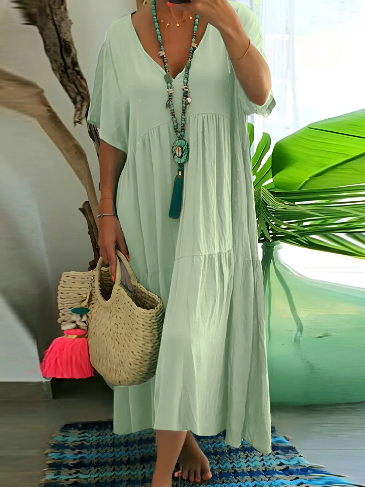 Plus Size Women's Summer Casual Loose V-Neck Plain Long Dress Boho Style, Short Sleeve, Tiered Layer, Spring & Fall Fashion Vibe