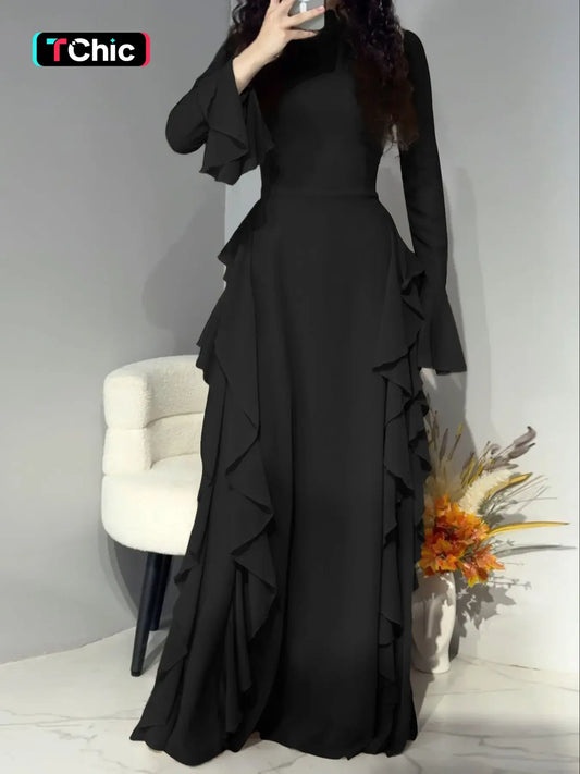 Pure Color Flared Sleeve Waist Cinching Long Dress, Slim-Fitting Holiday Style, Spring & Fall Fashion, Plain Pattern, Women's Clothing