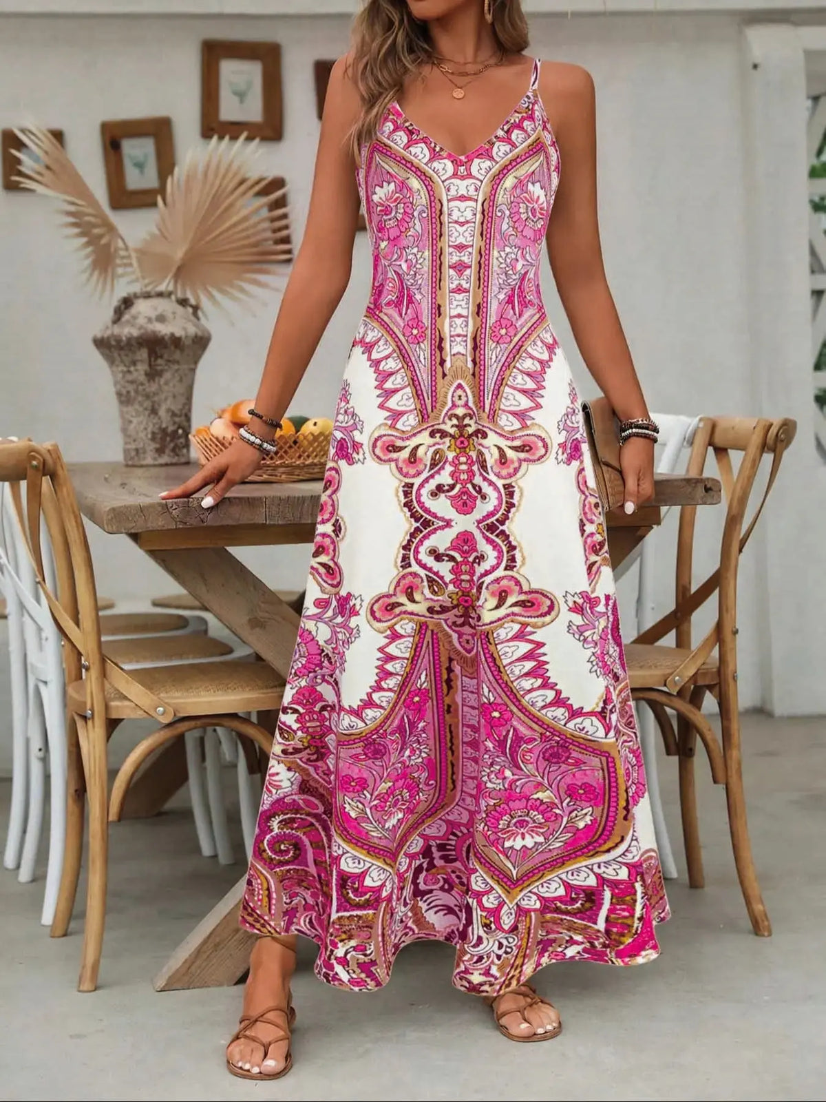 Women's Floral Print Lightweight Knit Dress, Boho Fashion Dress, Boho Style Bohemian Casual Sleeveless Spaghetti Strap Long Fitted Dress for Beach Holiday Vacation, Ladies Summer Clothes, Womenswear #GLOBAL PICKS
