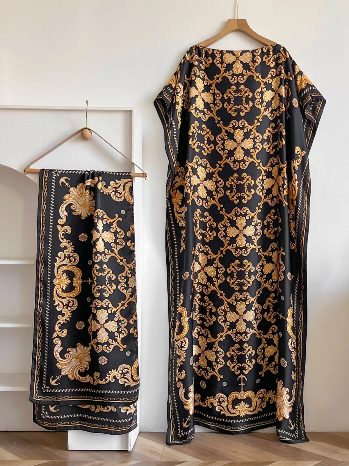 Women's Fashion Print Long Robe Outfit Set, Moomoo Dress + Scarf Headband, Casual Woven Fabric Thin All-Season Wear, Beach Sun Protection