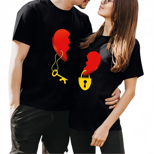 Him and Hers Lock & Key Graphic 2-Piece Casual Cotton Crew Neck T-Shirts Set - Soft Comfortable Tops Clothes for Couples, Anniversary Valentine's Day Gift