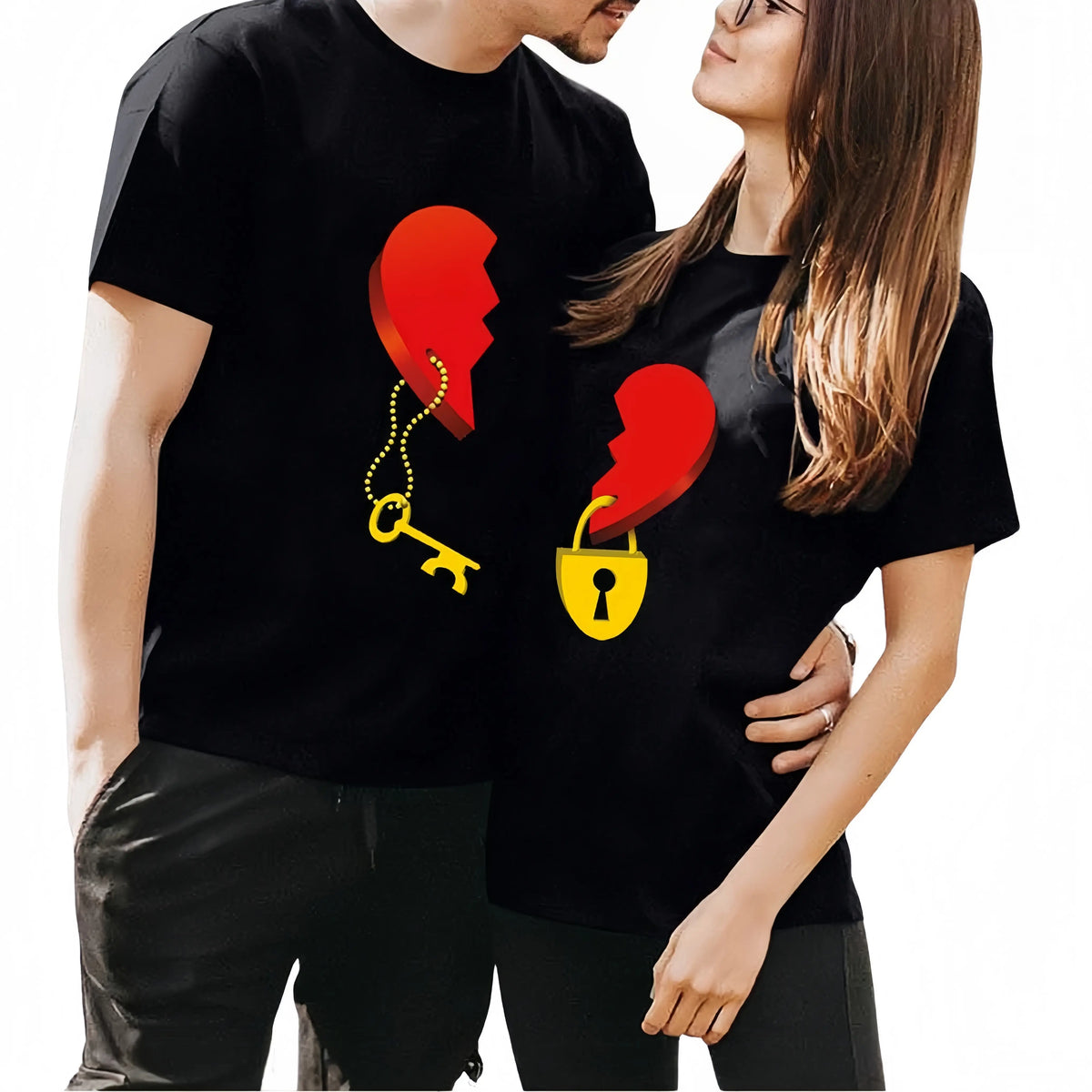 Couple's Printed Heart Lock and Key Cotton T-Shirts - Men's & Women's Soft Comfortable Casual Short-Sleeve Tops, Unisex Romantic Anniversary Valentine's Day Gift