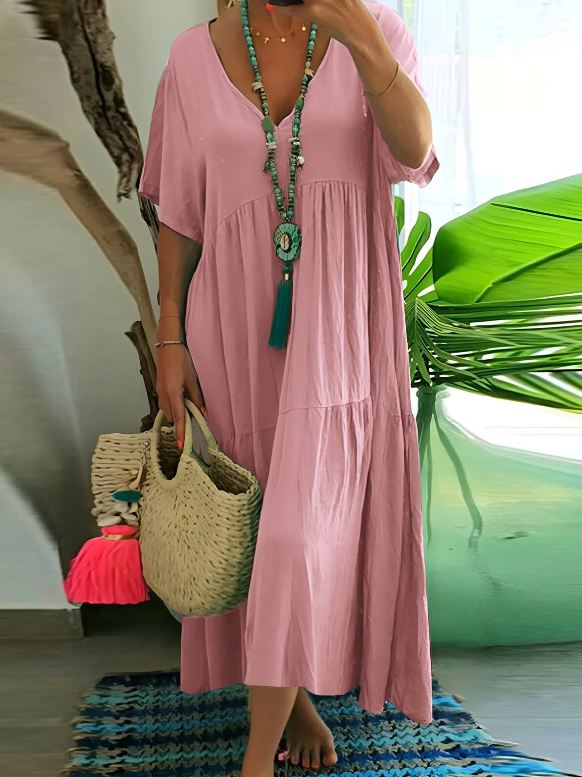 Plus Size Women's Summer Casual Loose V-Neck Plain Long Dress Boho Style, Short Sleeve, Tiered Layer, Spring & Fall Fashion Vibe