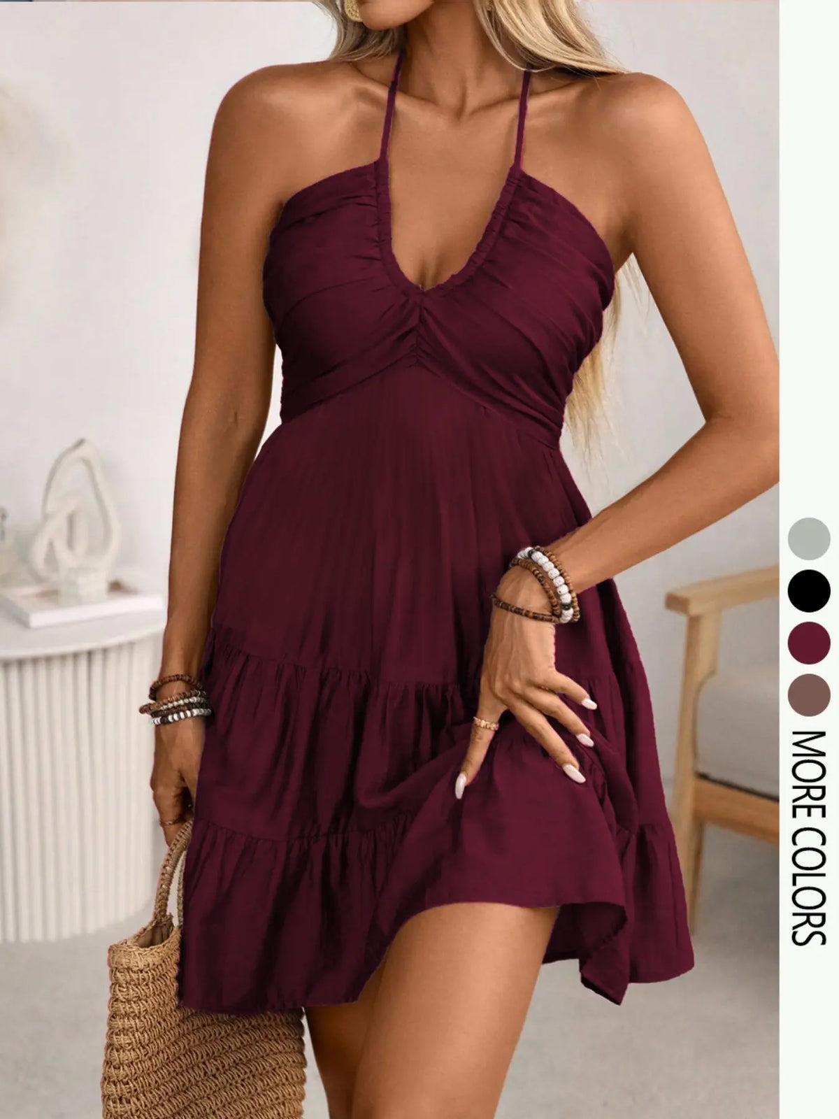Women's Summer Halter Neck Tie Back Sundress, Boho Styles Fashion Shirred Back Tiered A-Line Mini Dress, Casual Beach Outfit, Backless Bow Closure Chic Fashion Womenswear