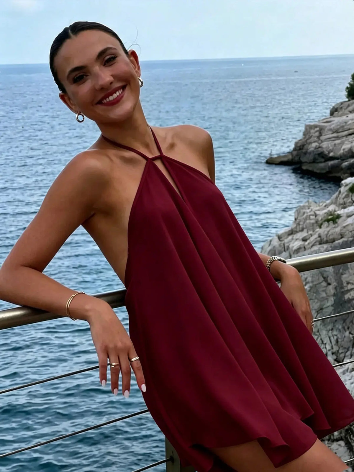New Women's French Style Chic Tie Backless Sleeveless Dress, Flowy Hollow Out Slim Fit Short Vacation Dress, Womenswear