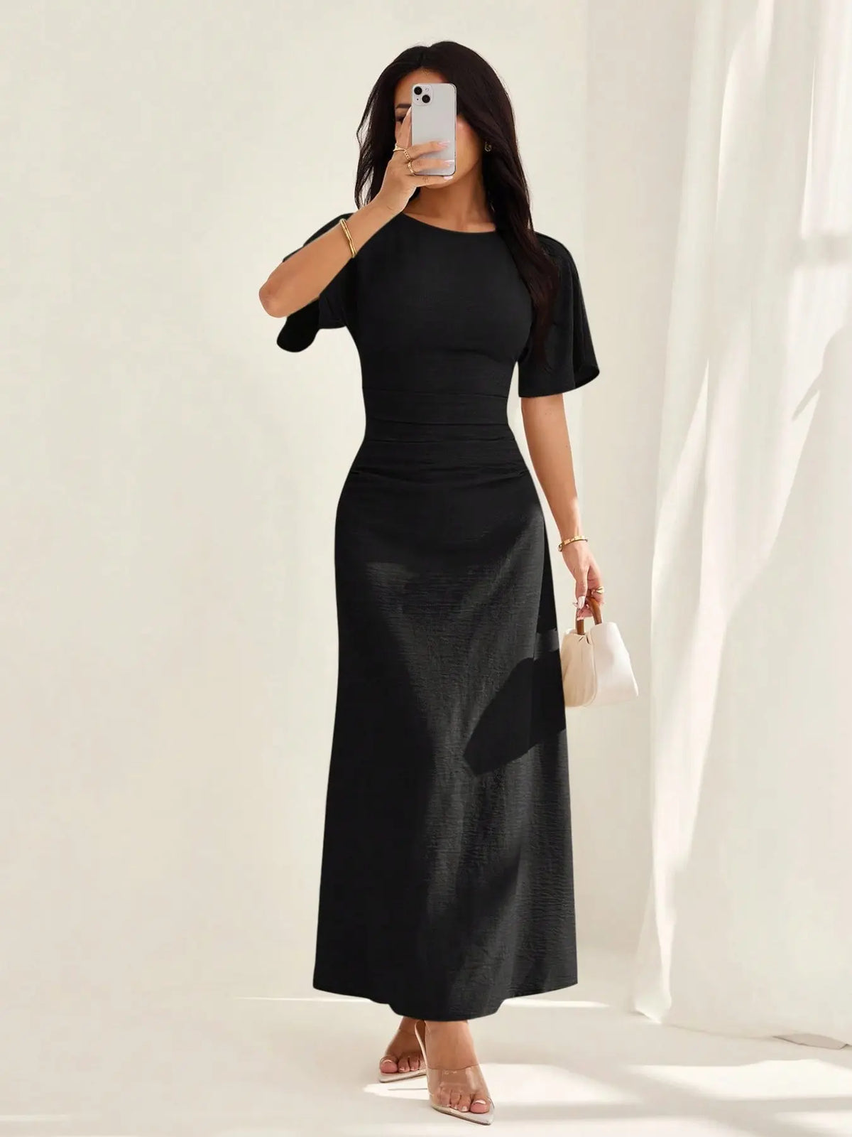 Women's Elegant Casual Summer Short Bodycon Plain Ruched Round Neck Dress, Lady, Solid Pattern, No Ca Prop 65, Stylish Design, Perfect for Warm Weather, Comfortable & Chic, Womenswear