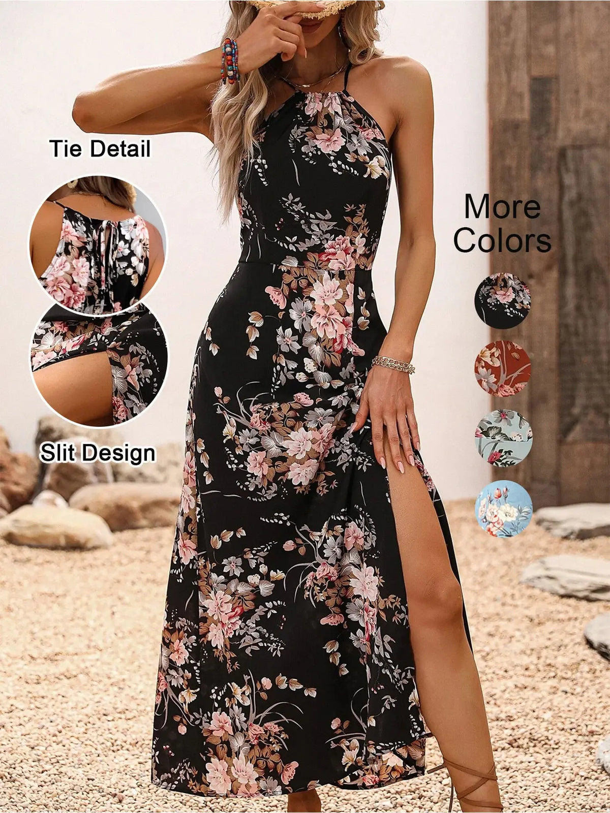 Women's Floral Print Split Thigh Halter Neck Dress, Tie Back Design, Boho Style, Sleeveless Long Dress, All Seasons, Elegant and Chic