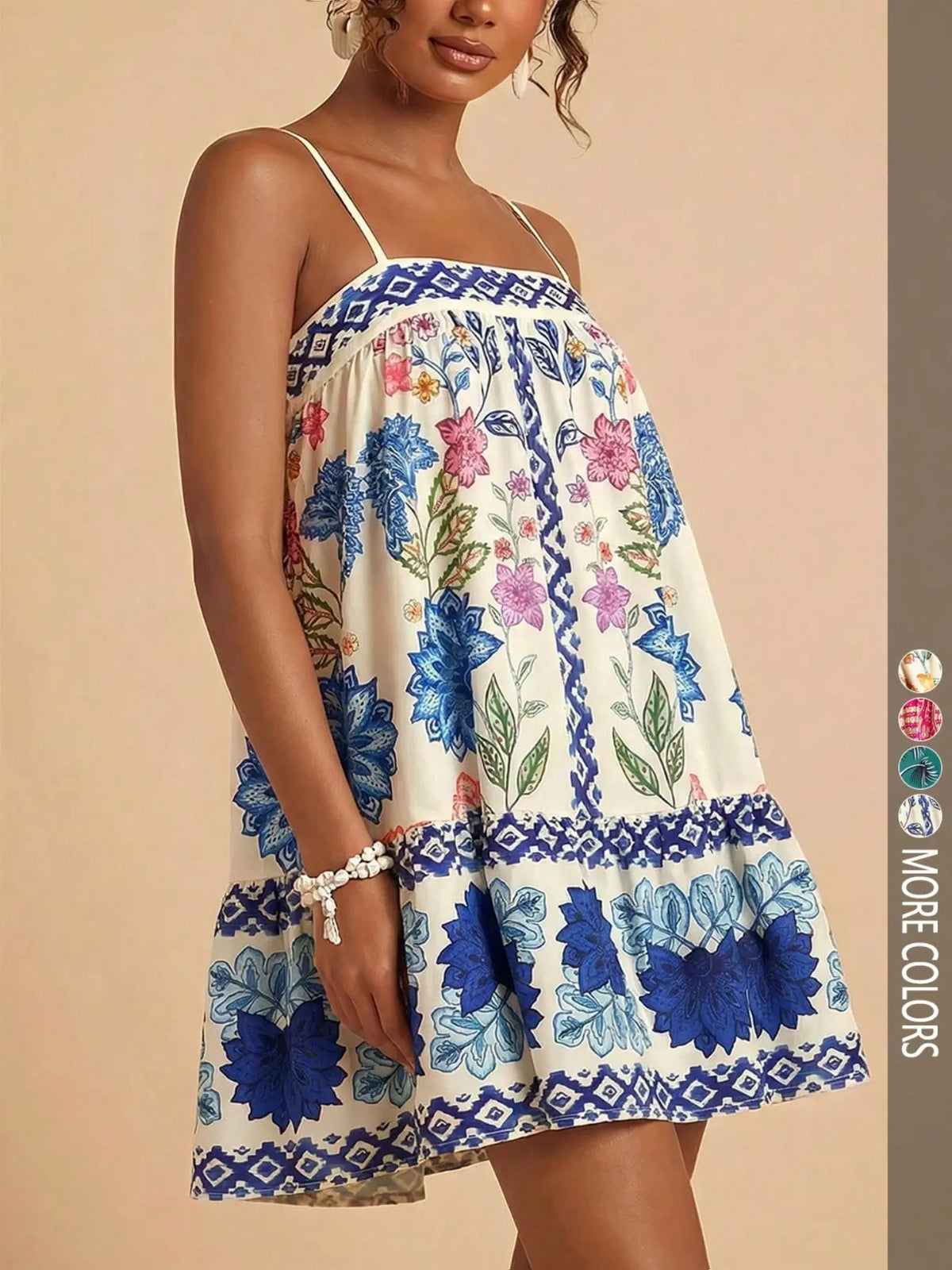 Women's casual vacation beach summer floral print spaghetti strap boho sundress, seasonal holiday set, spring break set, party set, beach set, bohemian style dress, Flowy Summer Dress