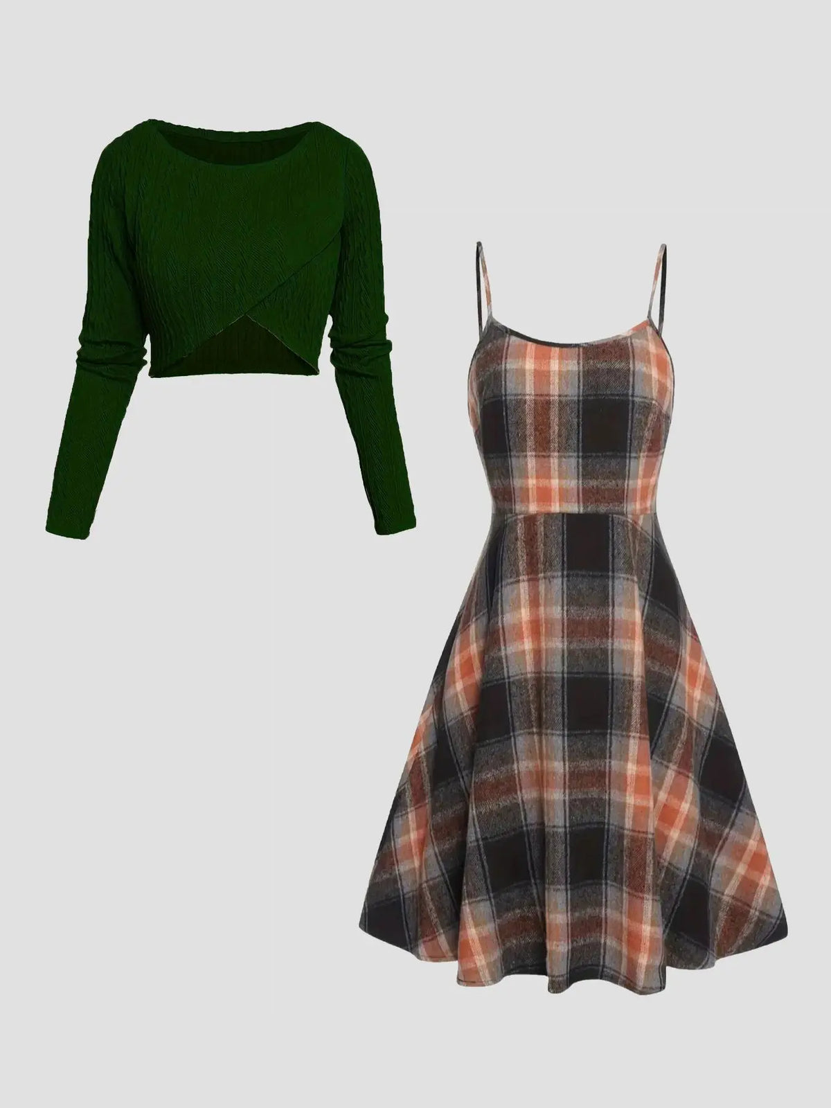 Women's Solid Wrap Hem Round Neck Textured Long Sleeve Crop Top & Plaid Print A-Line Dress Set, Preppy Fashion Cozy Stretchy Casual Chic Outfit for School, Daily & Casual Wear, Women's Clothing for Spring & Fall, Casual Lightweight Dress
