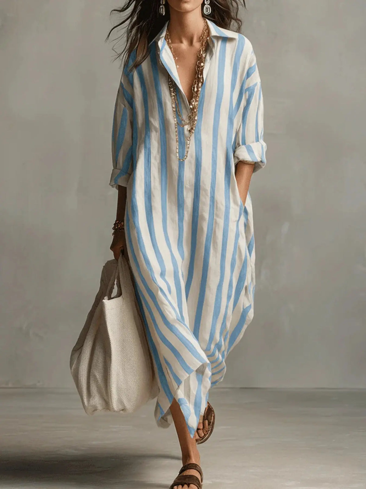 Summer Lightweight Loose Striped Long Shirt Dress, Women's Comfortable Stylish Collared Three-Quarter Sleeve Pocket Dress, Comfortable and Stylish, Casual Comfy Fashion