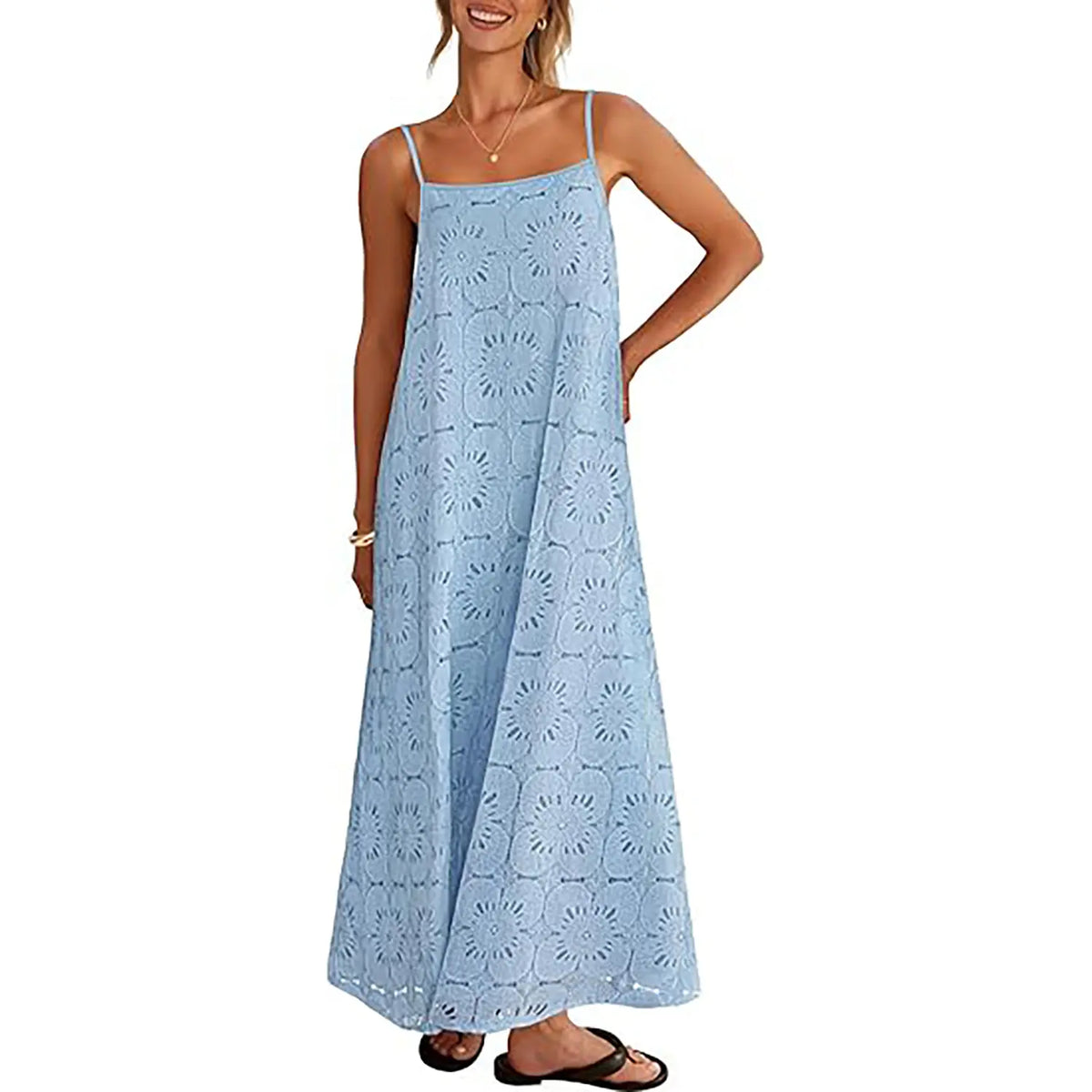 MEROKEETY Women's 2026 Summer Bohemian Spaghetti Strap Sundress - Casual Wear, Sleeveless Floral Lace Eyelet Boho Casual Fashion Beach Maxi Dress