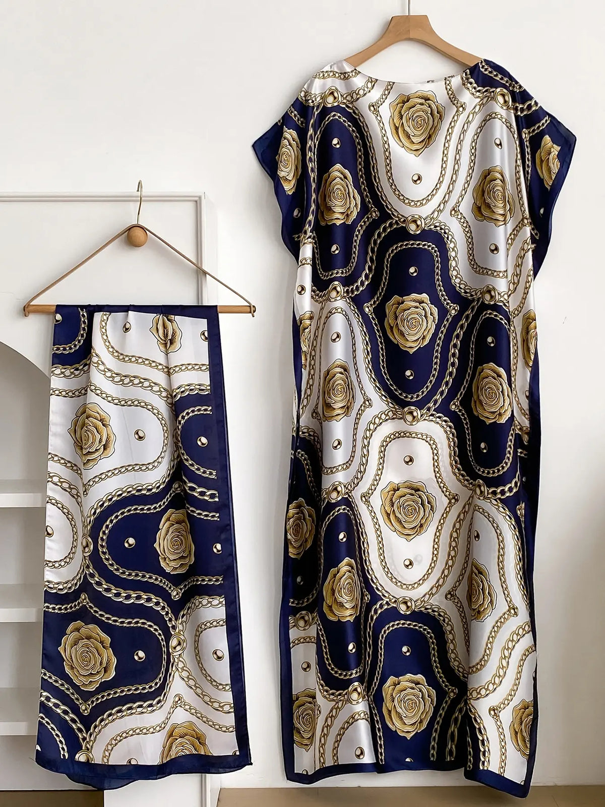 Women's Fashion Print Long Robe Outfit Set, Moomoo Dress + Scarf Headband, Casual Woven Fabric Thin All-Season Wear, Beach Sun Protection