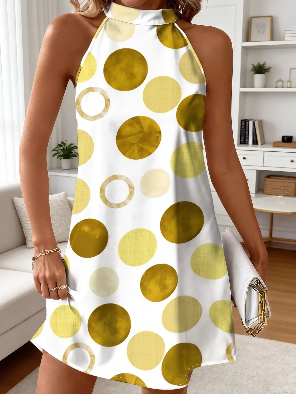 New Summer Women's Halter Dress, Polka Dot Print, Back Tie, Loose A-Line, Knee-Length, Sleeveless, Holiday Style, Unlined, Fashion Sundress