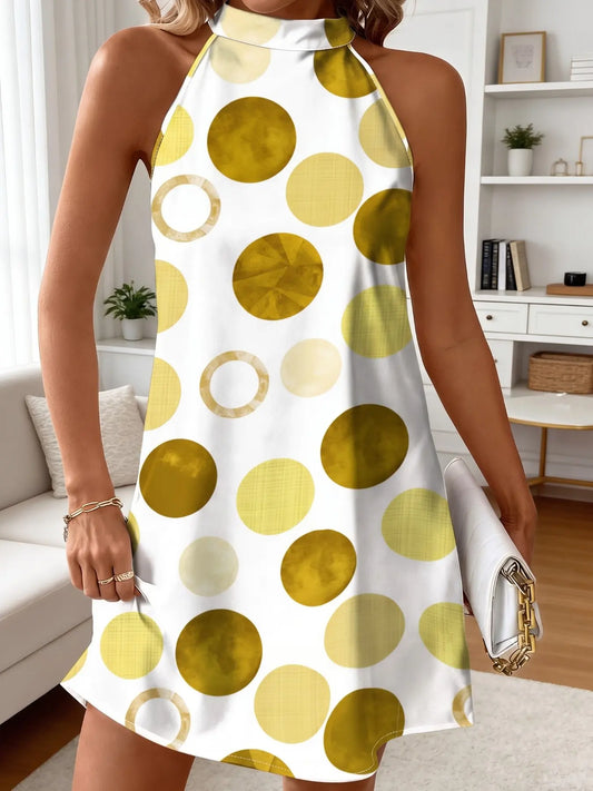 New Summer Women's Halter Dress, Polka Dot Print, Back Tie, Loose A-Line, Knee-Length, Sleeveless, Holiday Style, Unlined, Fashion Sundress