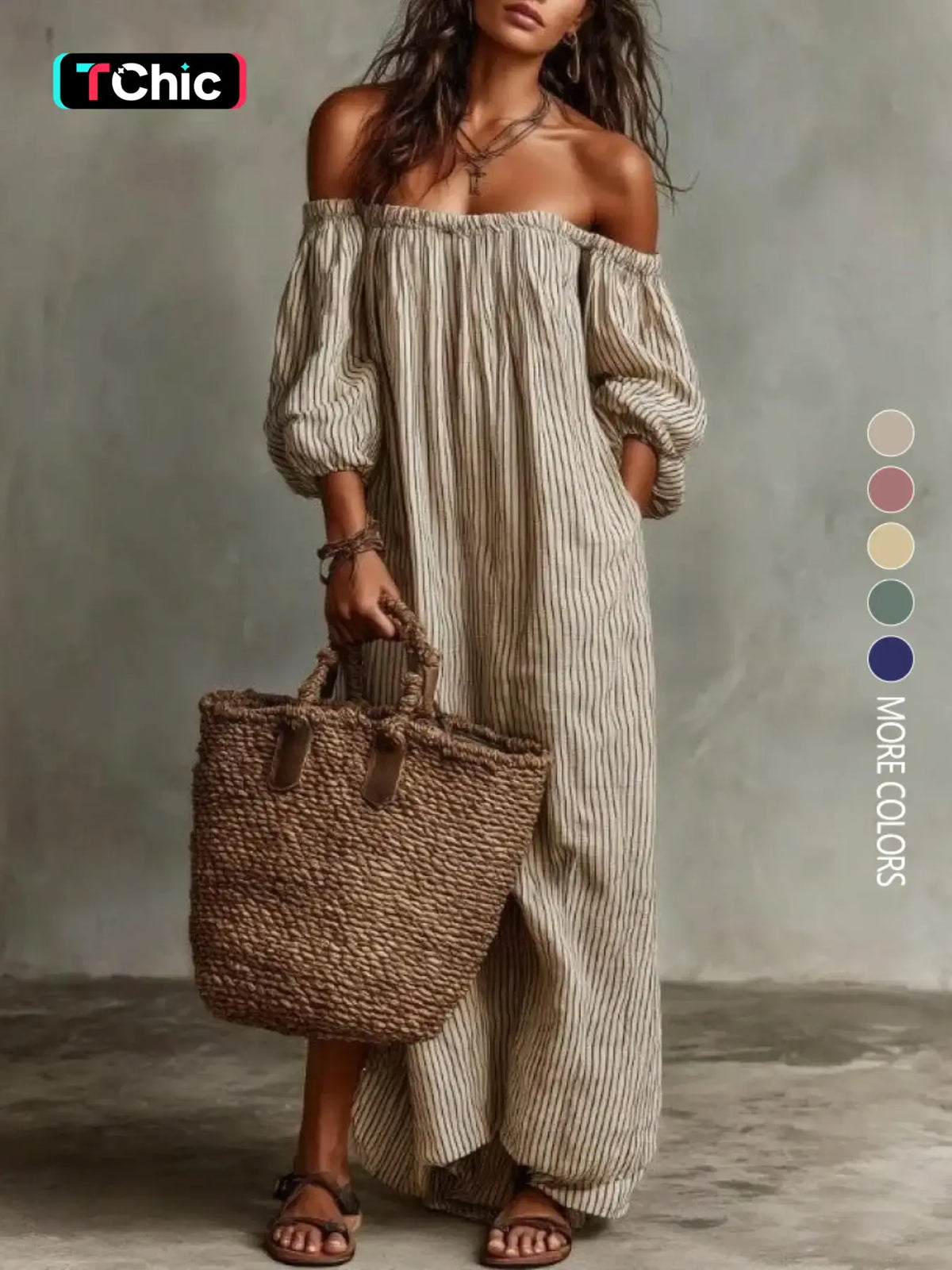 Summer New Elegant Chic Loose Off-Shoulder Striped Dress Sundress