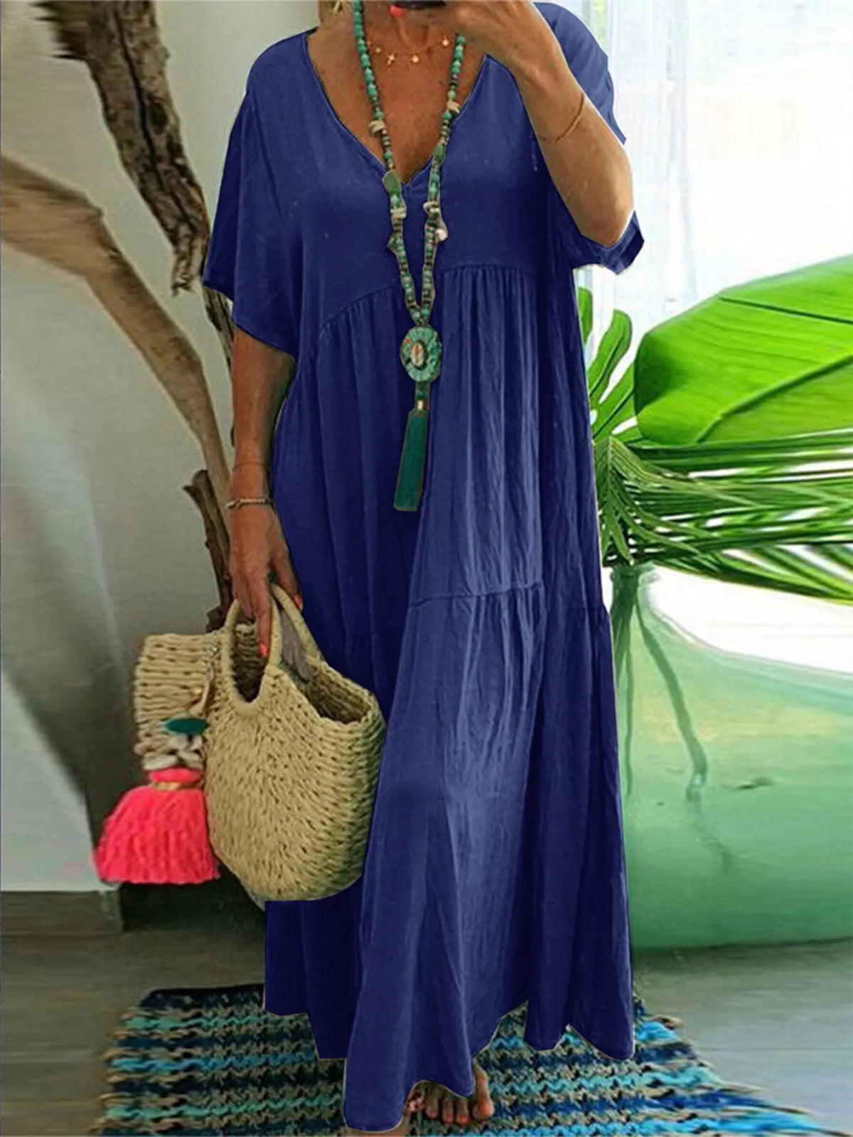 Plus Size Women's Summer Casual Loose V-Neck Plain Long Dress Boho Style, Short Sleeve, Tiered Layer, Spring & Fall Fashion Vibe