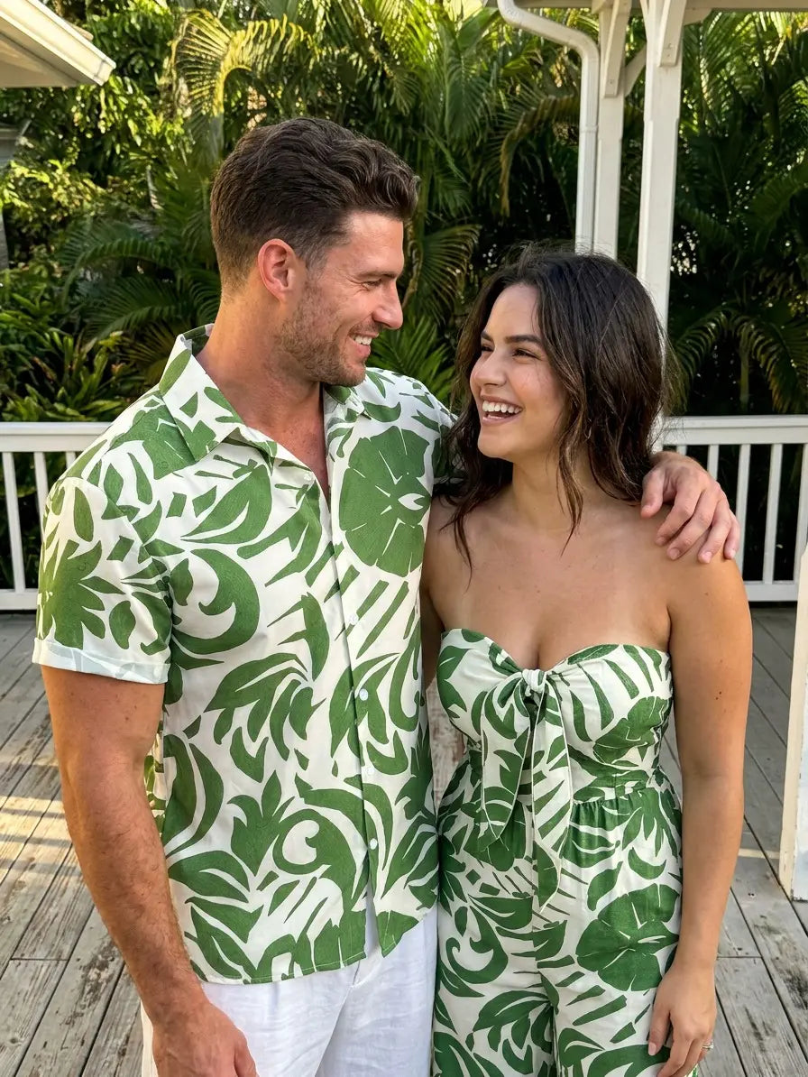 Women's 2-Piece Bowknot Matching Set - Regular Fit, Comfortable Leaf Print Off-the-Shoulder Top & High Waist Wide Leg Fabric Jumpsuit, Vacation Casual Style Outfit