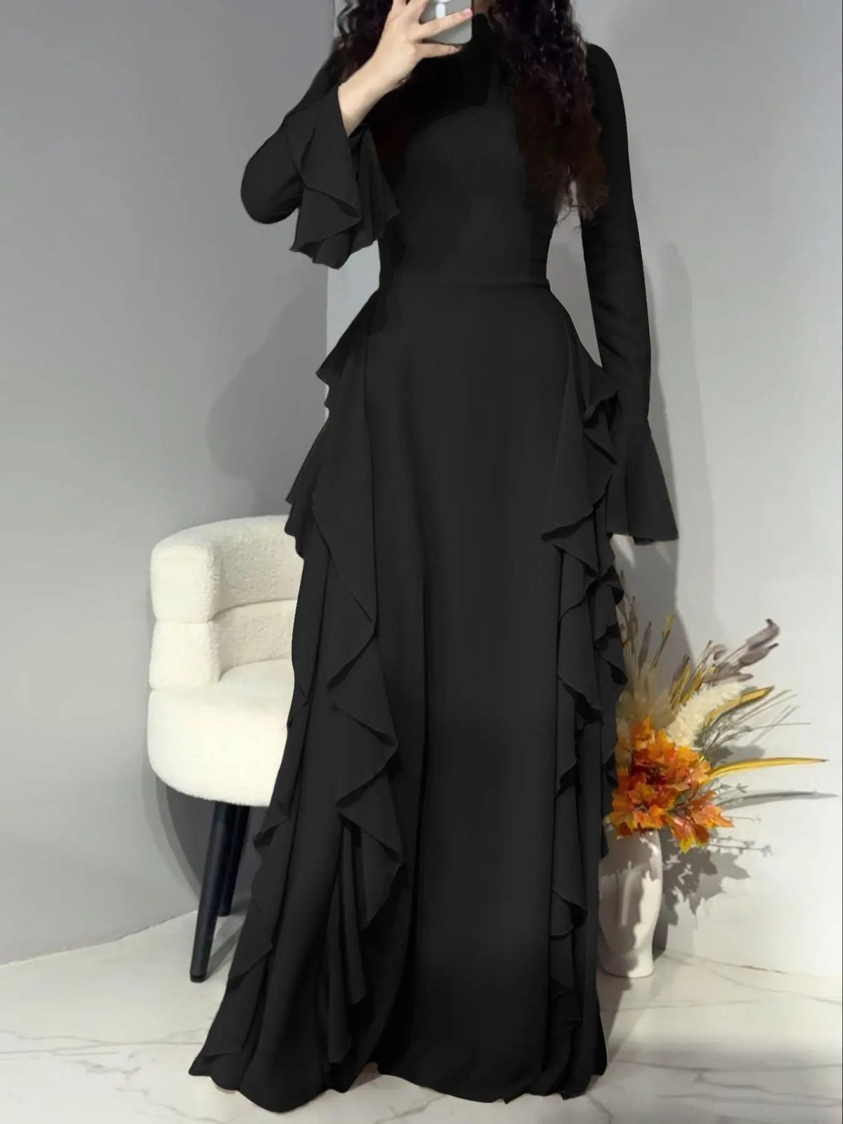 Pure Color Flared Sleeve Waist Cinching Long Dress, Slim-Fitting Holiday Style, Spring & Fall Fashion, Plain Pattern, Women's Clothing