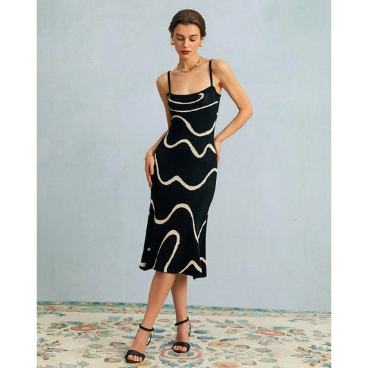Rihoas Women's Slim Black Sleeveless Cotton Modal Knit Spaghetti Strap Bodycon Midi Dress - Wave Mermaid Hem, Elegant, Stylish Women's Wear, Evening & Holiday Pick, Easy Choice for Dates and Events, Fitted