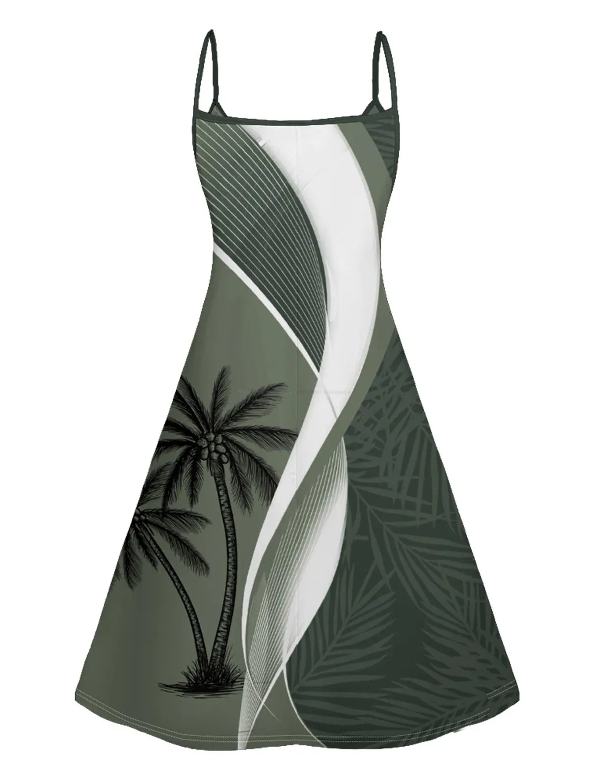 DRESSLILY 2025 Spring Style Couples Clothing Set - Women's High-Waist Polyester Colorblock Coconut Tree Leaf Print Sleeveless Spaghetti Strap Maxi Vacation Dress, Men's Roll-Up Sleeve Overall Fit Shirt