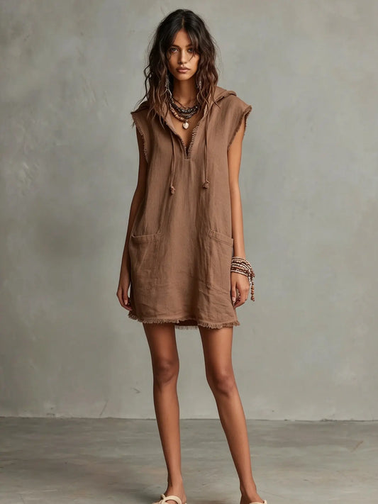 Minimalist Lightweight Linen Blend Sleeveless Dress with Hat, Summer V-Neck Frayed Edge Short Mini Dress, Women's Vacation