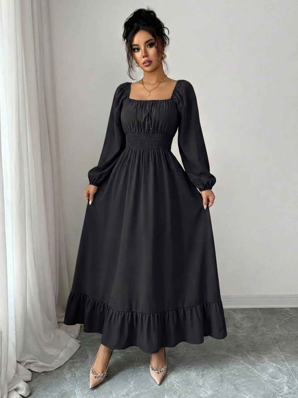 Spring & Fall Casual Lady Womenswear Square Neck Long Sleeve Ruched Waist Pleated Beach Vacation Mid-Length Solid Color Dress Casual Elegant Dresses Casual Boho Chic Boho Fashion Dress Style Elegant
