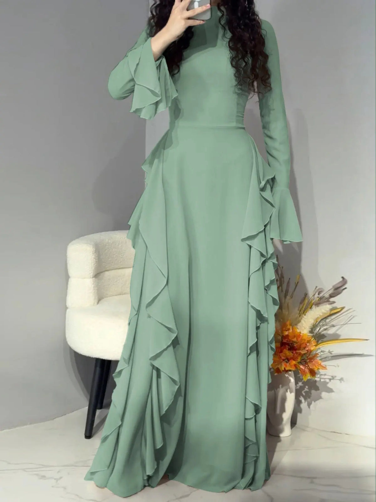Pure Color Flared Sleeve Waist Cinching Long Dress, Slim-Fitting Holiday Style, Spring & Fall Fashion, Plain Pattern, Women's Clothing