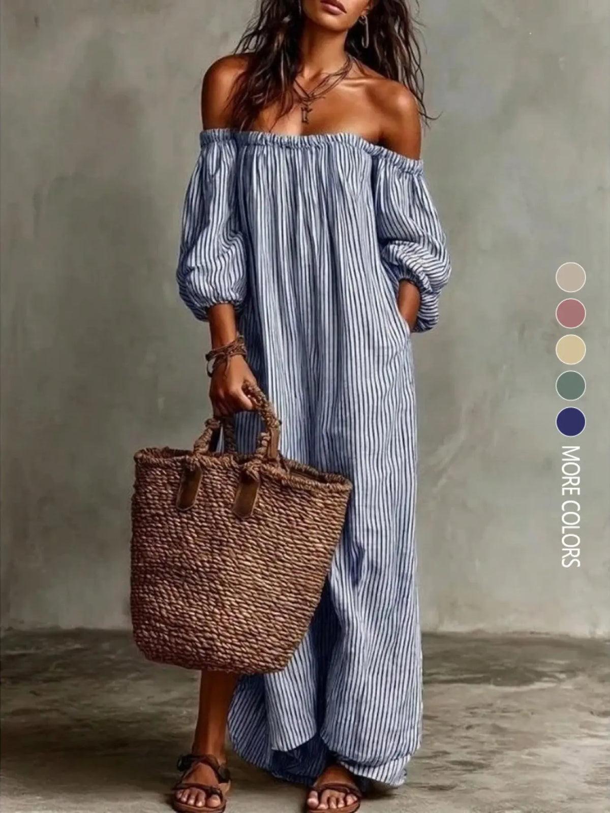 Summer New Elegant Chic Loose Off-Shoulder Striped Dress Sundress