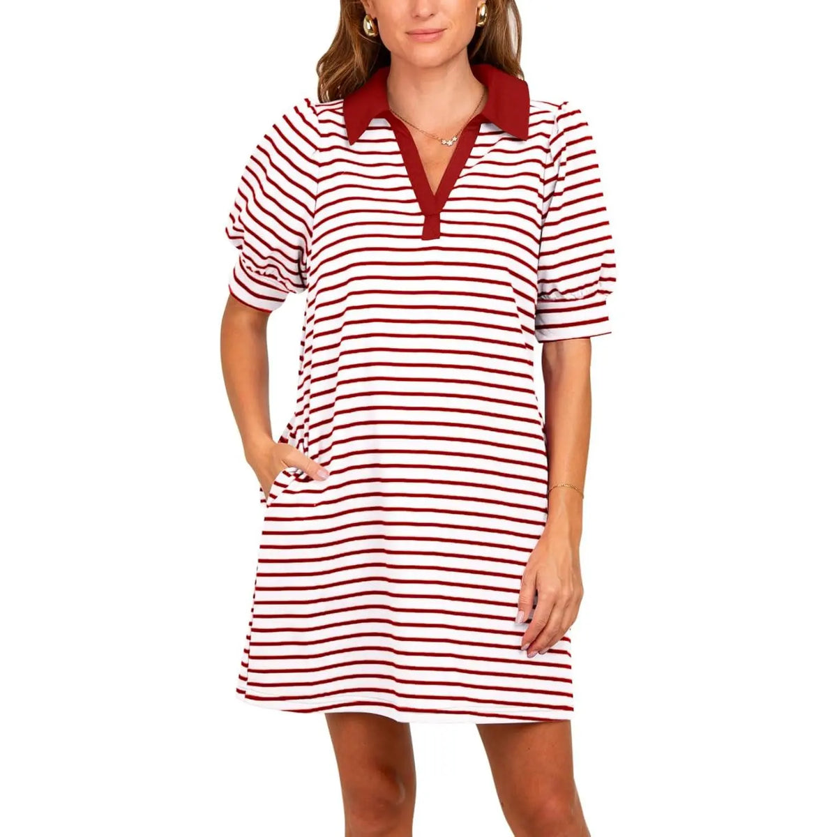 Imily Bela Women's Summer Lapel Collared V Neck Striped Dress Casual Puff Short Sleeve Polo Tshirt Dresses with Pockets