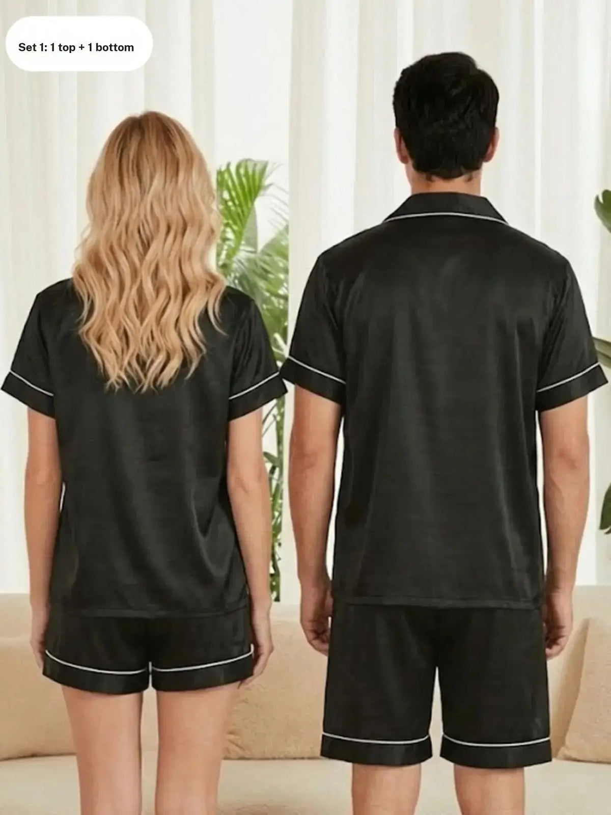 Couple Sleepwear Set, Matching, Short Sleeve Shorts, Pure Color, Comfortable Lounge Wear, Summer Ice Silk Two-Piece Set, Men's and Women's Open Front, Pajama Set