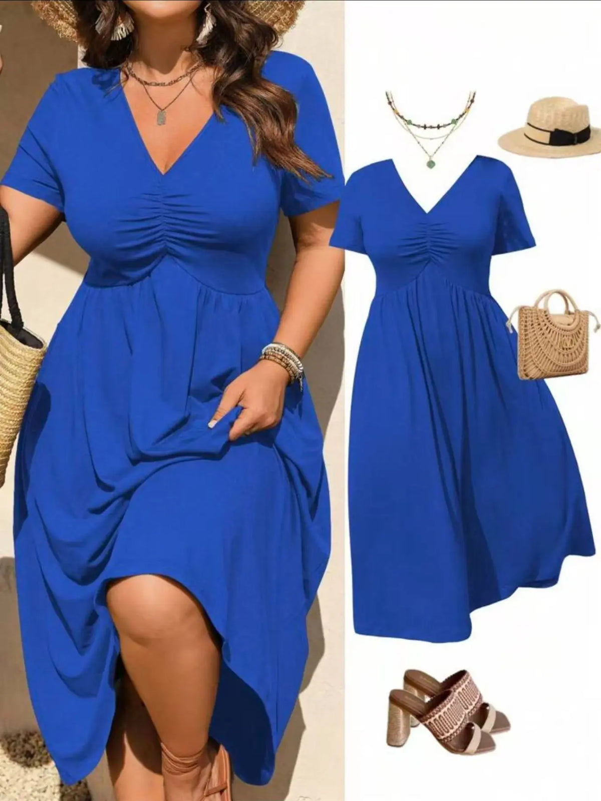 Plus Size Basic V-Neck Ruched Short Sleeve Midi Dress, Casual Summer Flowy A-Line Dress, Women's Fashion Clothing, Casual Wear