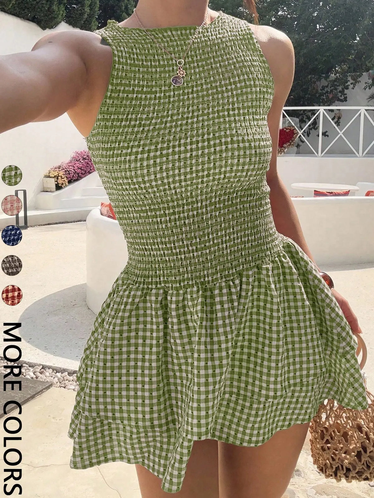 Women Sleeveless Round Neck Gingham Mini Dress Smocked Bodice Tiered Ruffle Hem A Line Short Dress Slim Fit Flowy Skirt Trendy Casual Outfit Versatile Summer Dress for Beach Vacation Daily Going Out Look