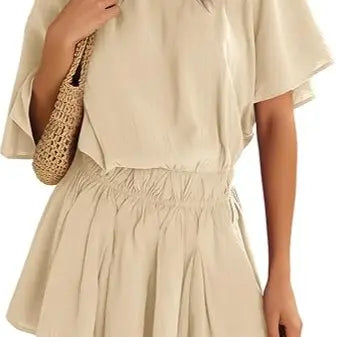 Yousify Women's Solid Off-the-Shoulder Summer Mini Dress - Loose, Cinched Waist, Ruffled A-Line, Short Batwing Sleeves, Casual Stylish Women's Dresses