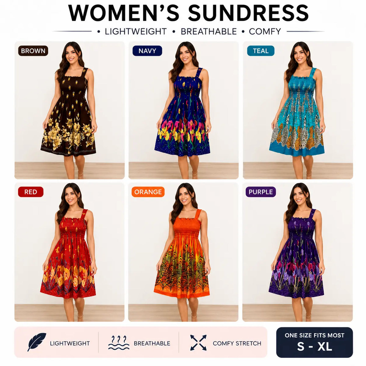 6  pieces Women summer boho dress casual floral print spaghetti strap square neck short dress Random Color