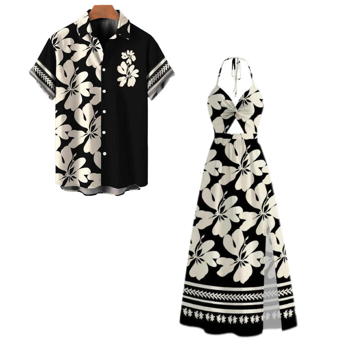 2026 Hawaii Couple Outfit Tribal Hibiscus Floral Print Bowknot Off the Shoulder Jumpsuit and Shirt Set