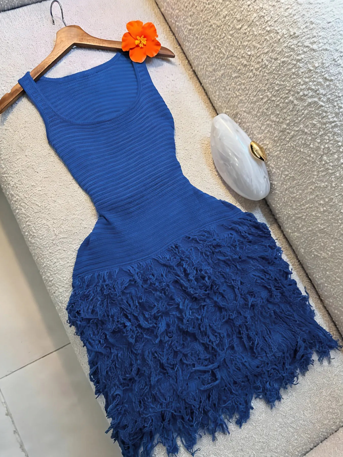 Elegant Knitted Dress for Women, Summer Vacation Fringe Dress, Slim-Fitting Bodycon Summer Dress, Plain Round Neck Sleeveless Dress for Spring & Summer