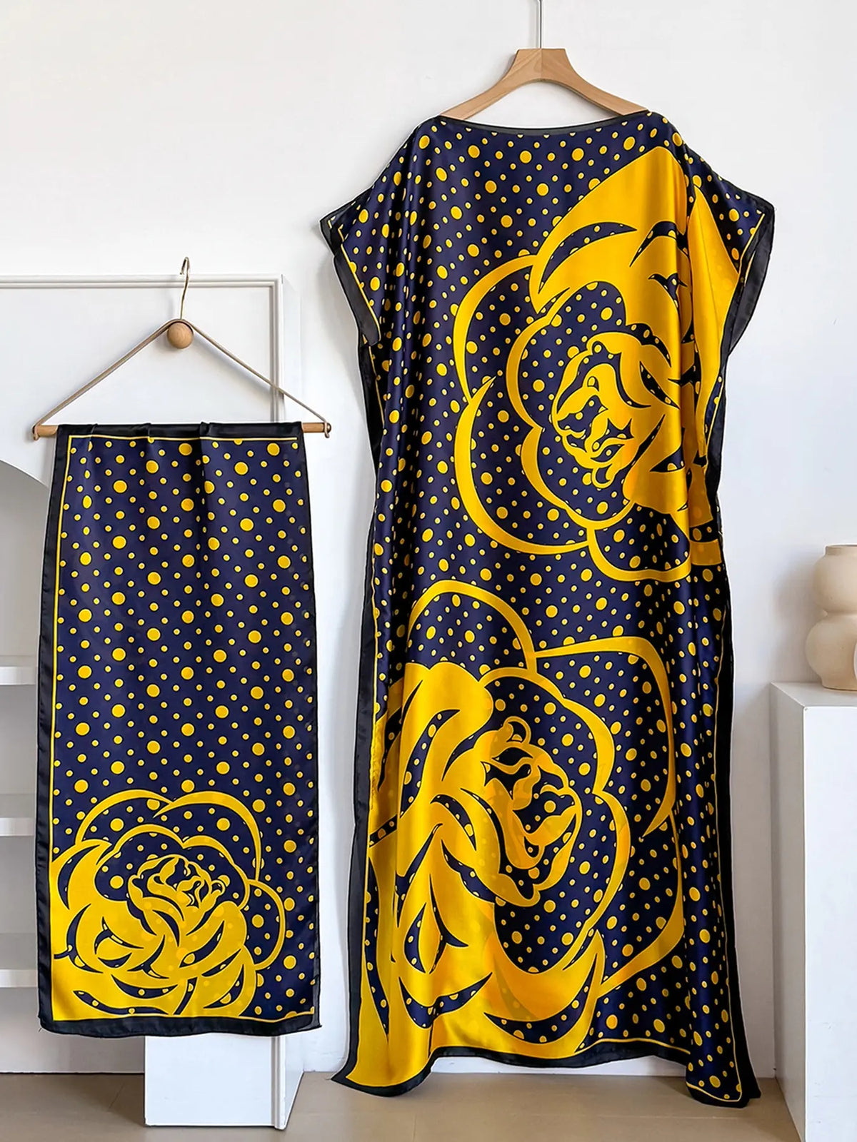 Women's Fashion Print Long Robe Outfit Set, Moomoo Dress + Scarf Headband, Casual Woven Fabric Thin All-Season Wear, Beach Sun Protection
