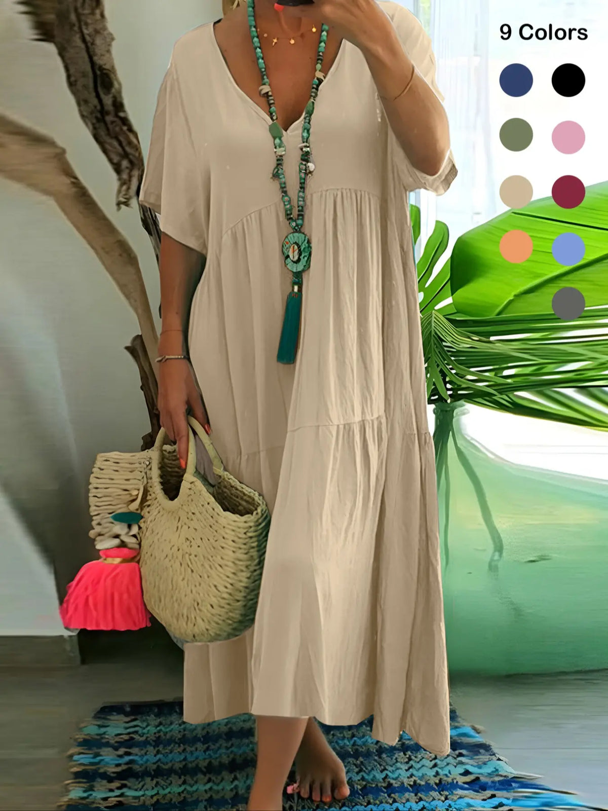 Plus Size Women's Summer Casual Loose V-Neck Plain Long Dress Boho Style, Short Sleeve, Tiered Layer, Spring & Fall Fashion Vibe