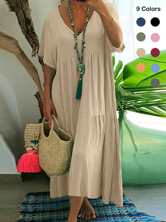 Plus Size Women's Summer Casual Loose V-Neck Plain Long Dress Boho Style, Short Sleeve, Tiered Layer, Spring & Fall Fashion Vibe