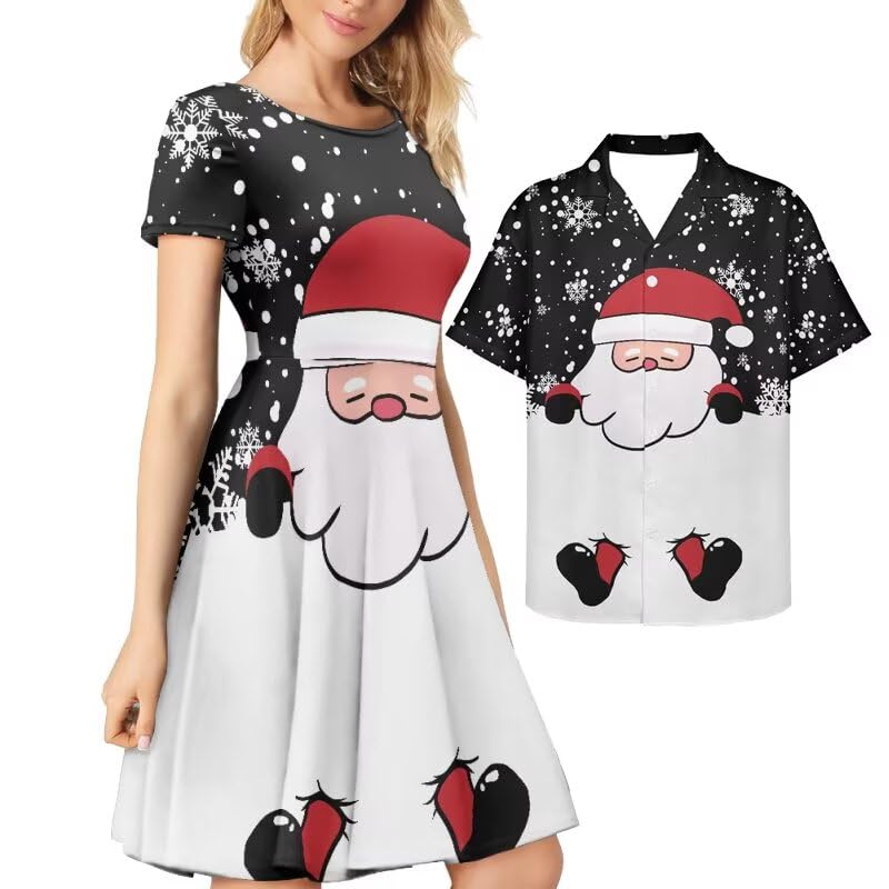 AmzPrint Couple Christmas Shirt and Dress Womens Elegant Short Sleeve Round Neck Cocktail Party Green Xmas Swing Dress