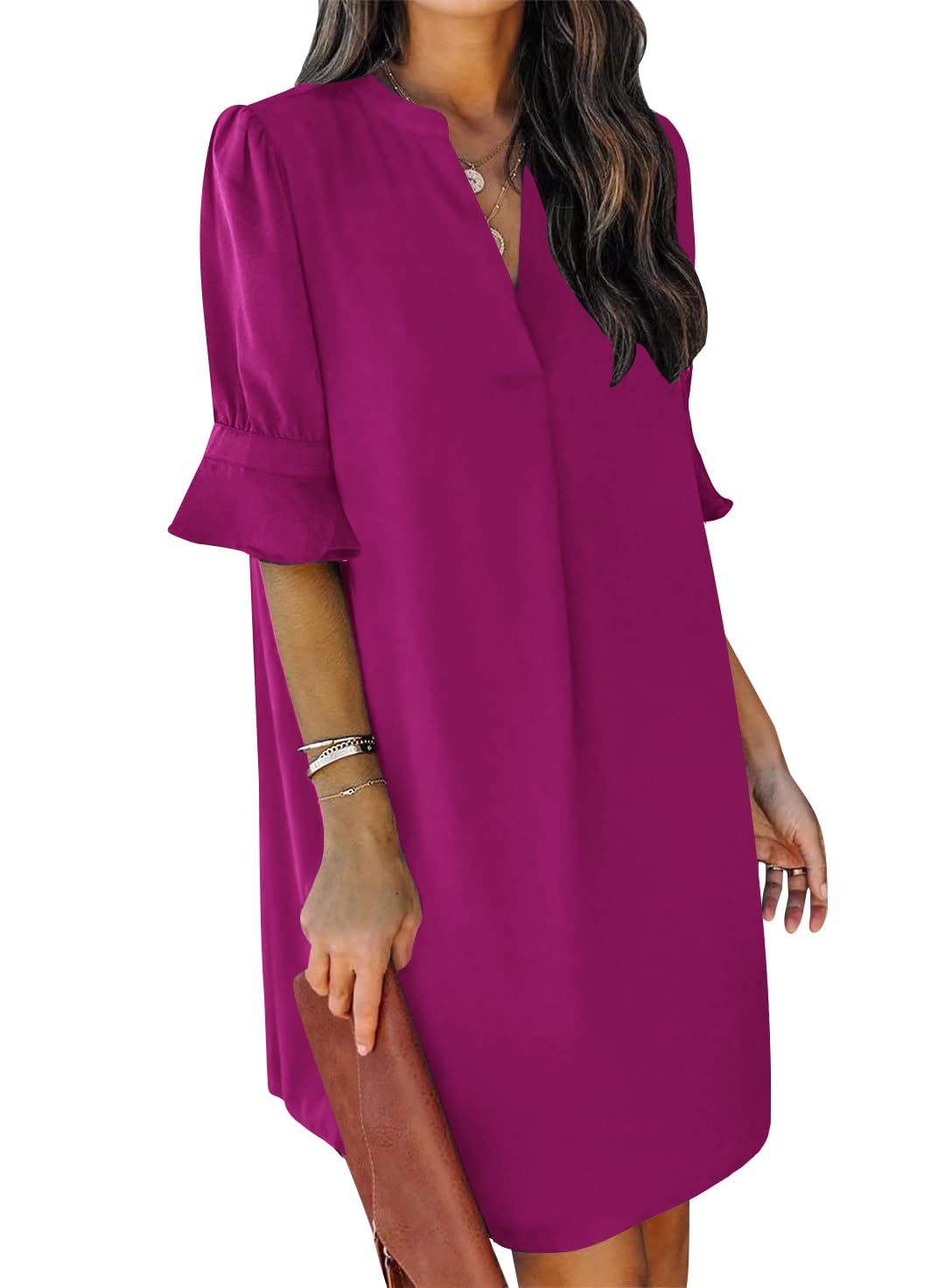 QACOHU Summer Dresses for Women V Neck Ruffle Short Sleeve Shift Dress