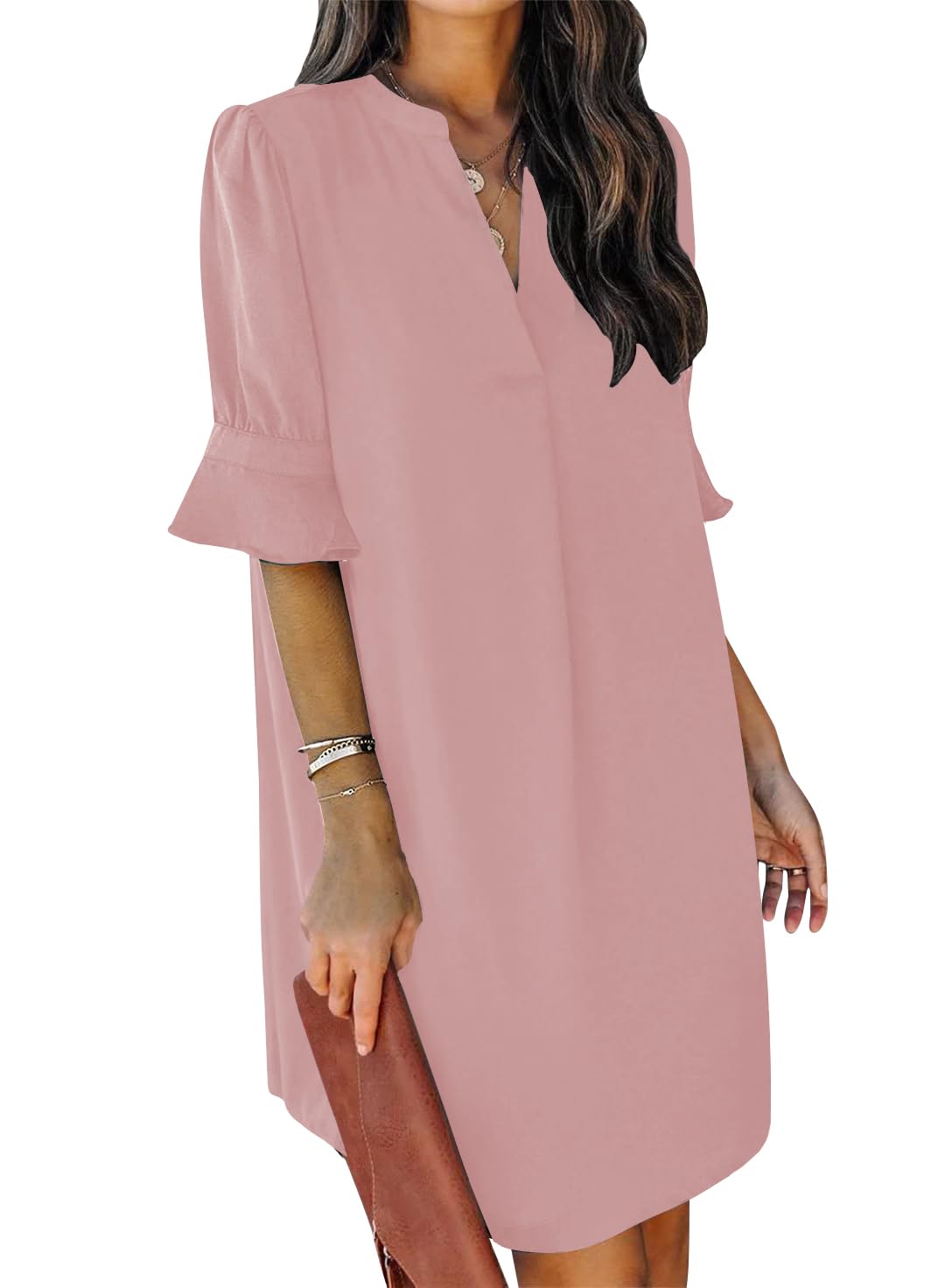 QACOHU Summer Dresses for Women V Neck Ruffle Short Sleeve Shift Dress