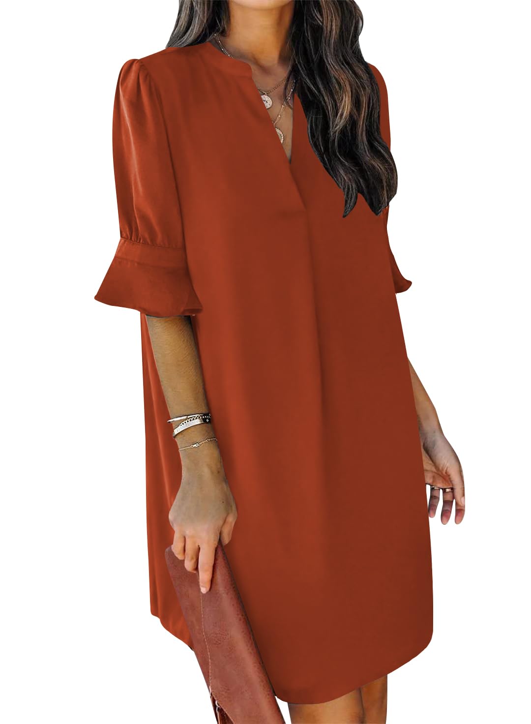 QACOHU Summer Dresses for Women V Neck Ruffle Short Sleeve Shift Dress