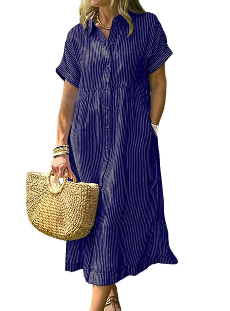 chouyatou Women's Summer Striped Midi Long Shirt Dress Casual Loose Short Sleeve Button Down Dress
